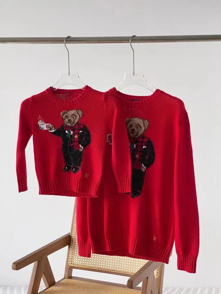 

RL Bear Cartoon Sweater Winter Parent-child Attire Christmas Fashion Long Sleeve Cotton Knitted Pullover Tops Women Clothes