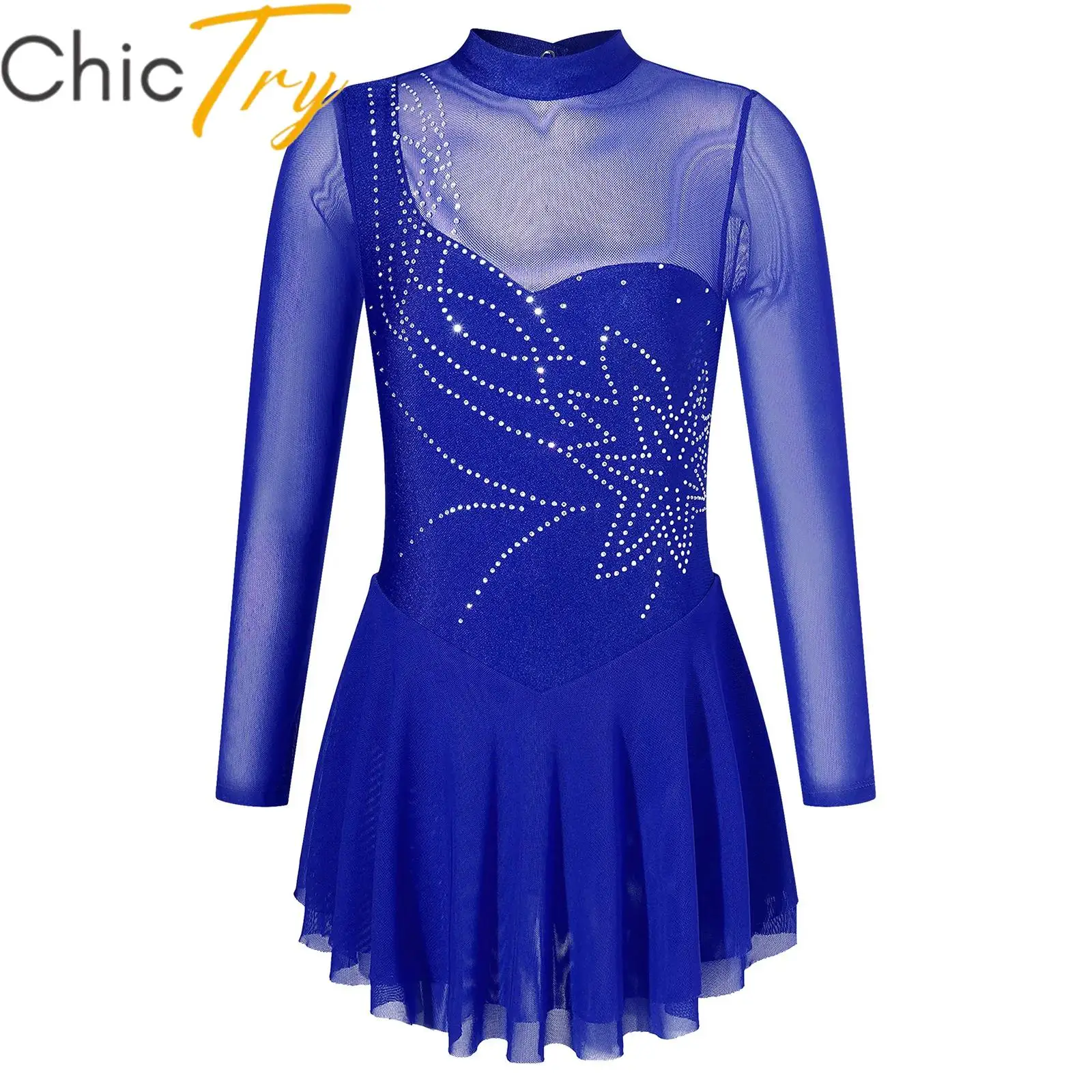 

Kids Girls Figure Ice Skating Dress Rhinestones Splice Mesh Tutu Skirted Leotard Dance Dress Stage Performance Dancewear Costume