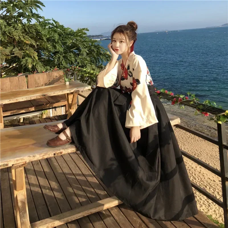 Japanese Style Floral Print Dress Long Kimono Skirt Kawaii Clothing Girls Party Robe Set Vintage Costume Asian Cosplay Women japanese kimono