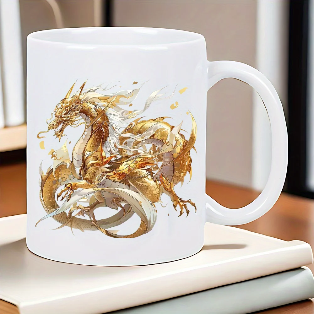 Dragon Coffee Mug – White Ceramic with Gold Dragon Design 2