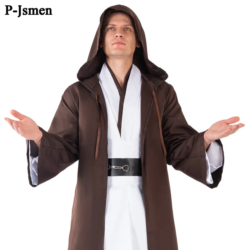 

Adult Men Cosplay Costume Movie Character Outfits Jedi Knight Tunic Robe Hooded Cloak Full Set Clothing Halloween Party Suit