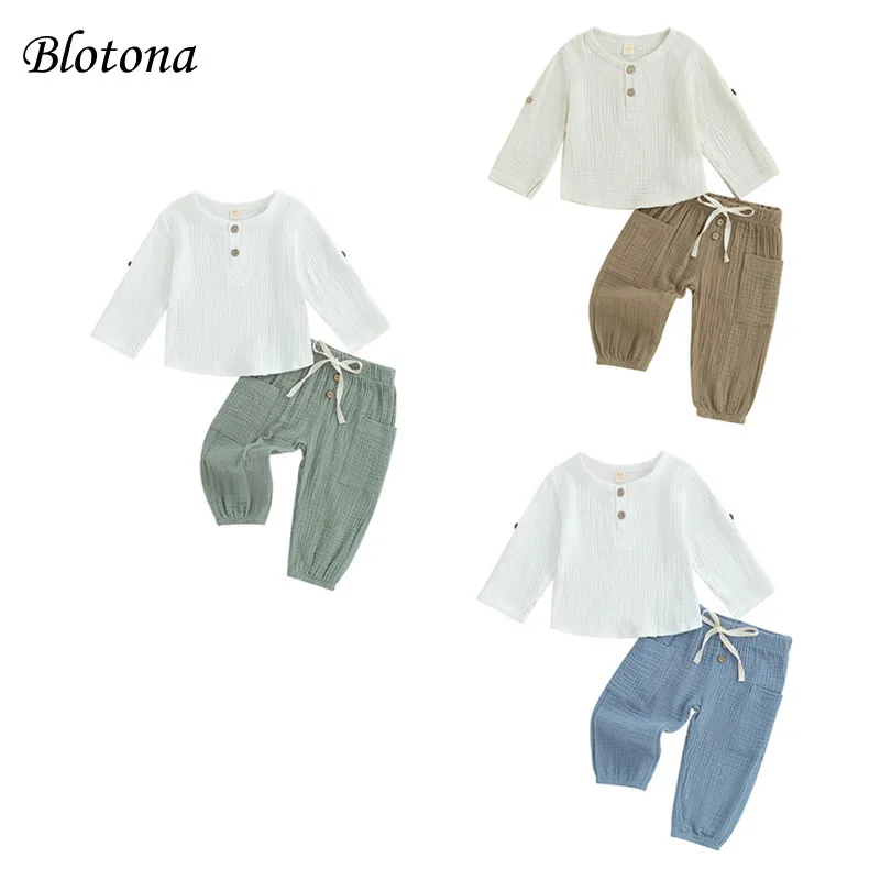 

Blotona Baby Kids Boys 2-piece Outfit, Long Sleeve Crew Neck T-shirt with Elastic Waist Long Pants Fall Outfit 6Months-4Years