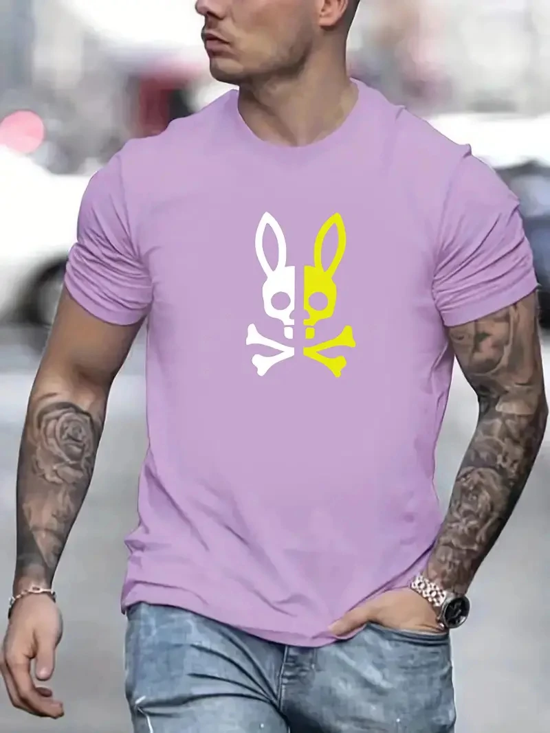 

Summer rabbit logo printed men's T-shirt, hip-hop trend Harajuku street clothing, round neck short sleeved casual top