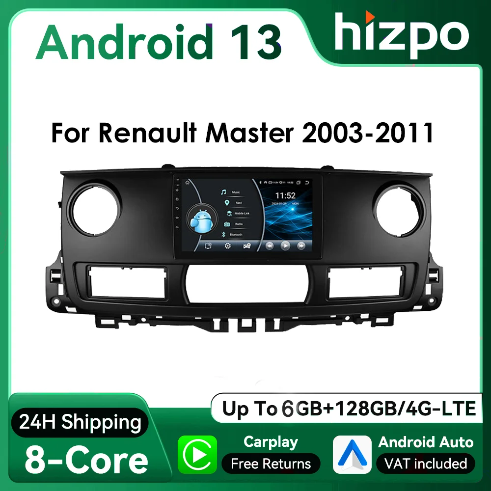 Hizpo 10.1inch Android13 Car Radio for Renault Master RDS DSP GPS Navi 4G BT Android Auto CarPlay UI8581 System
