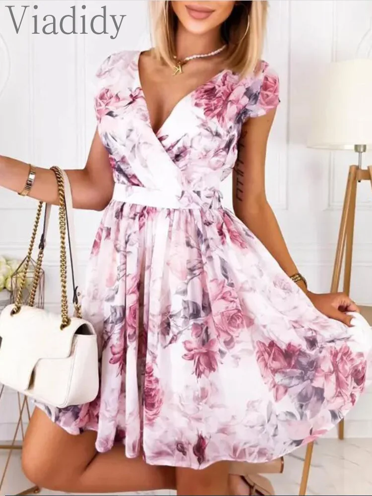 

Women Summer Floral Print Surplice Neck Ruched Chiffon Dress