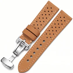 Vintage Genuine Leather Watch Band with Deployment Clasp - Cowhide Bracelet Strap for 22mm (Brown)