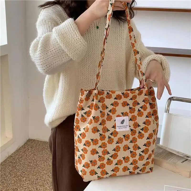 

Women's Printed Shoulder Bag Casual Fashion Large Capacity Corduroy Canvas Bag Literary Simple Hundred Shopping Bag