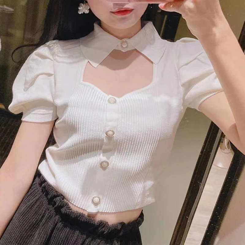 

Summer Pearls Buttons Knitted Crop Tops Pullovers Women Sexy Hater Hoollow Puff Sleeve Jumper Elegant Slim Korean Kniwear N175