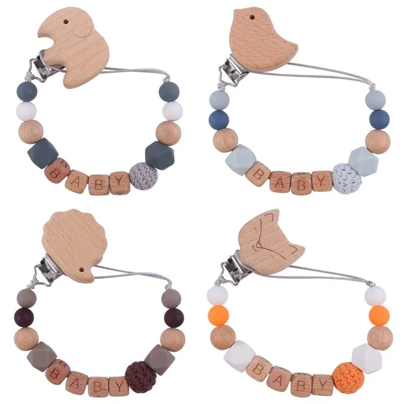 

Free Custom Personalized Name Animal Beech Pacifier Clip Baby Pacifier Chains Silicone Beads Soother Chain Dummy Holder Toys Gif