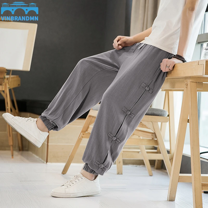 

Men Cotton Linen Pants Summer New Casual Trousers Harajuku Style Solid Color Loose Jogging Pant Ankle-length Tide Men Sweatpants