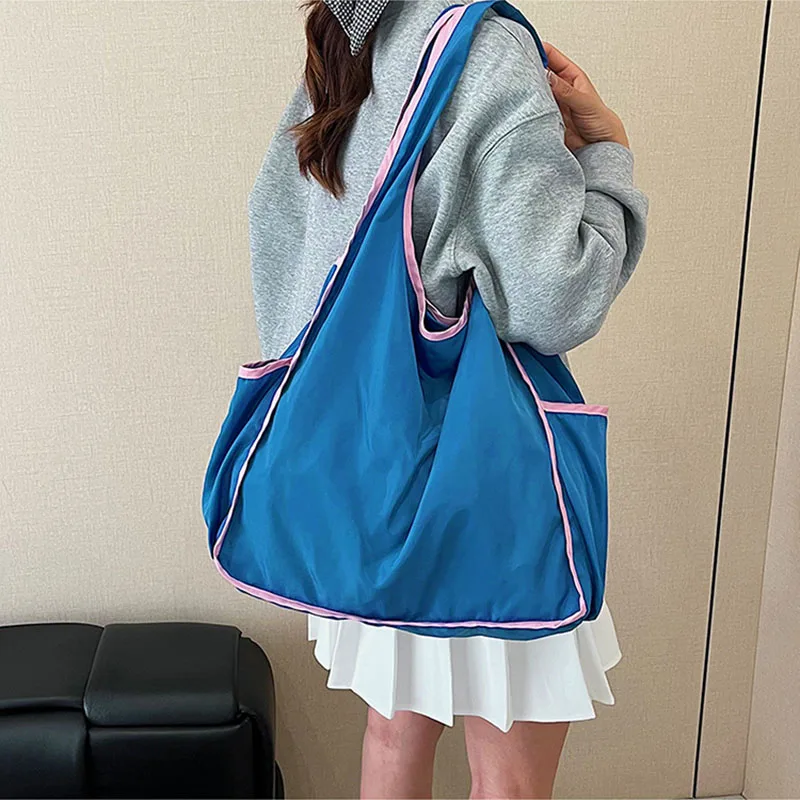 Large Capacity Shopping Bag Eco-Friendly Bag Solid Color Contrasting Retro Foldable Portable Shoulder Bag Polyester Tote Bag