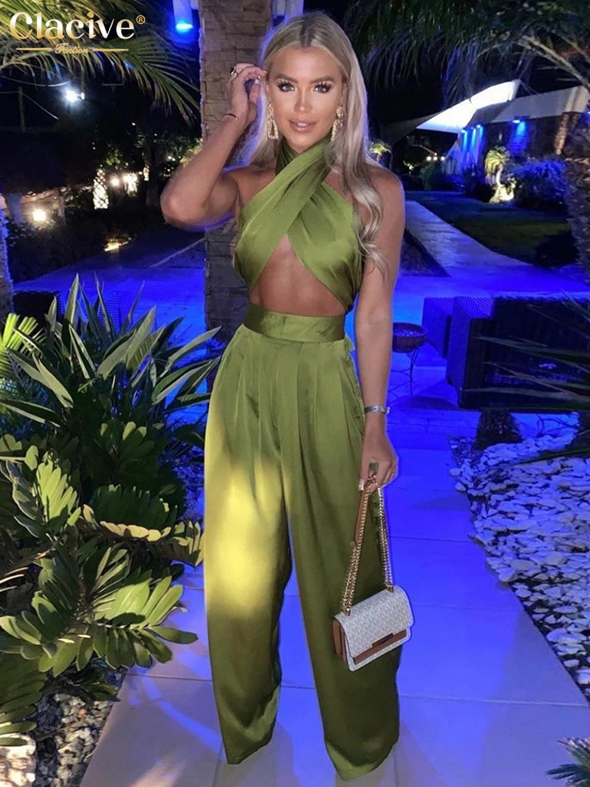 Clacive-Conjunto de dos piezas de satén para Top sin con cuello Halter, pantalones Palazzo de alta, conjunto de 2 piezas para fiesta Club - AliExpress Ropa de mujer