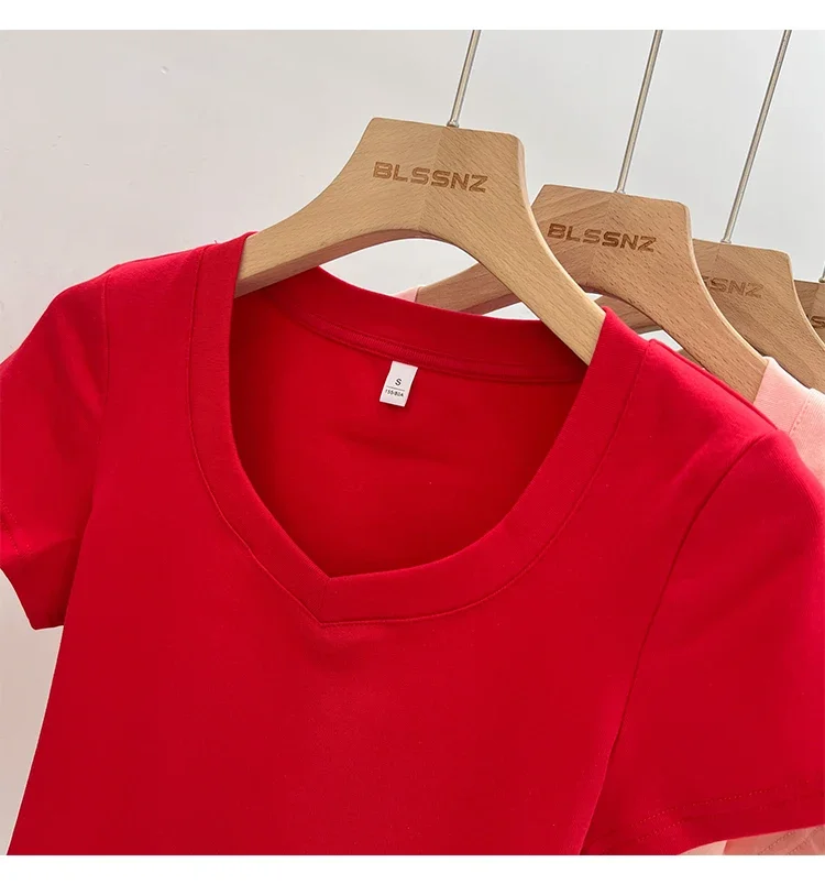 Zjaiss 2026 Sommer Hohe Qualität Casual V-ausschnitt Frauen T Shirt Sexy Schlanke Kurzen Ärmeln Mode Trend Feste Kleidung Y2k Tops – Detail 22