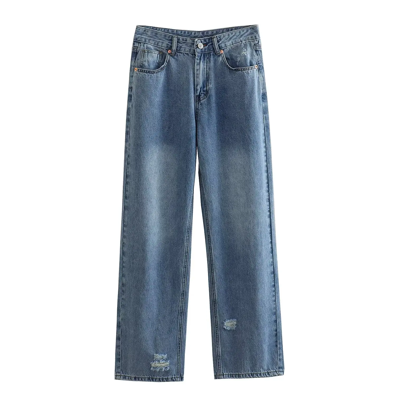 

Women's 2023 Fashion Casual Joker Hole Design Straight Jeans Retro High Waist Zipper Women's Denim Fabric Pants Mujer