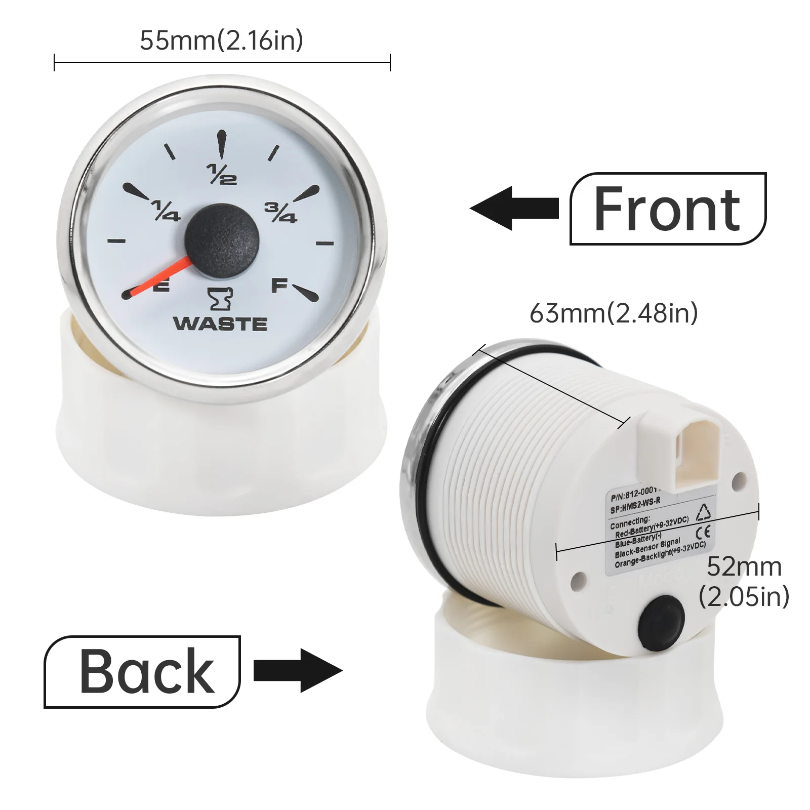 ZMFJH 252MM 폐유량 게이지, 8색 백라이트 탱크 게이지 E-1/4-1/2-3/4-F 자동차, 보트, 요트용 폐유량계