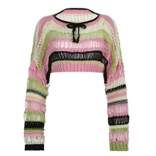  Y2K Striped Hollow Out Crop Top Sexy Hip Hop Gothic Women Clothes Vintage Full Sleeve Retro Smock Top Grunge Crochet Tee Beach 
