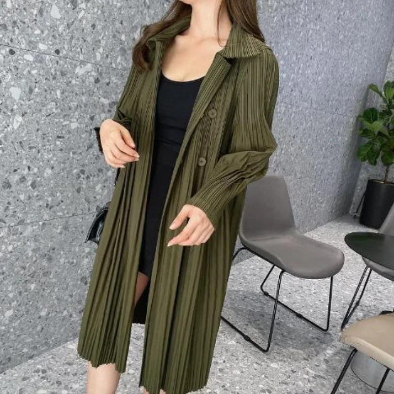 

Plicated Trench Coat Women's Spring Autumn Loose Fashion Solid Color Double-breasted Windbreaker Turndown Long Outerwear X1085