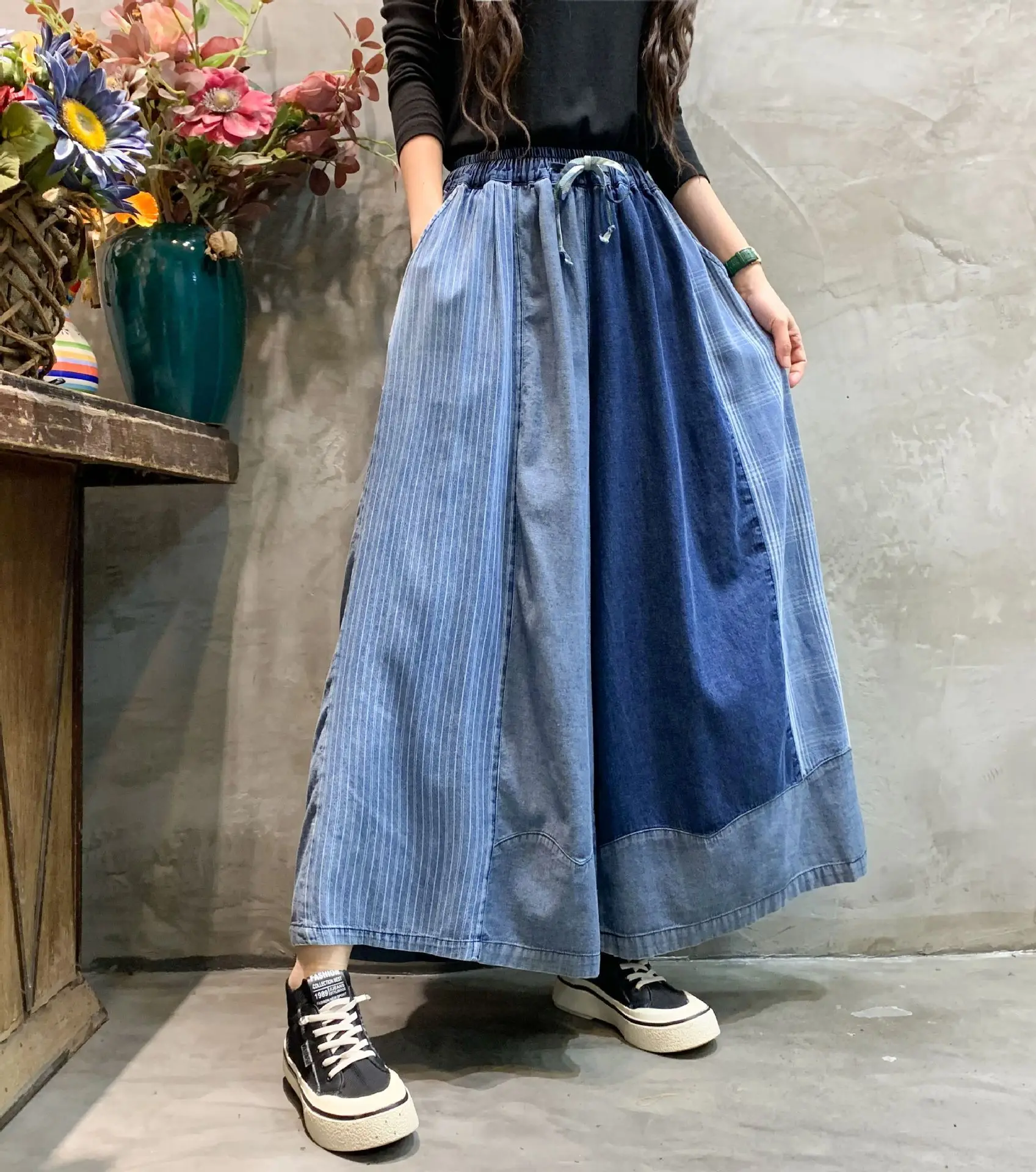 [EWQ] Patchwork Drawstring Jeans Pants For Women Streetwear High Waist Contrast Wide Leg Trousers Spring 2024 Autumn New Y6664