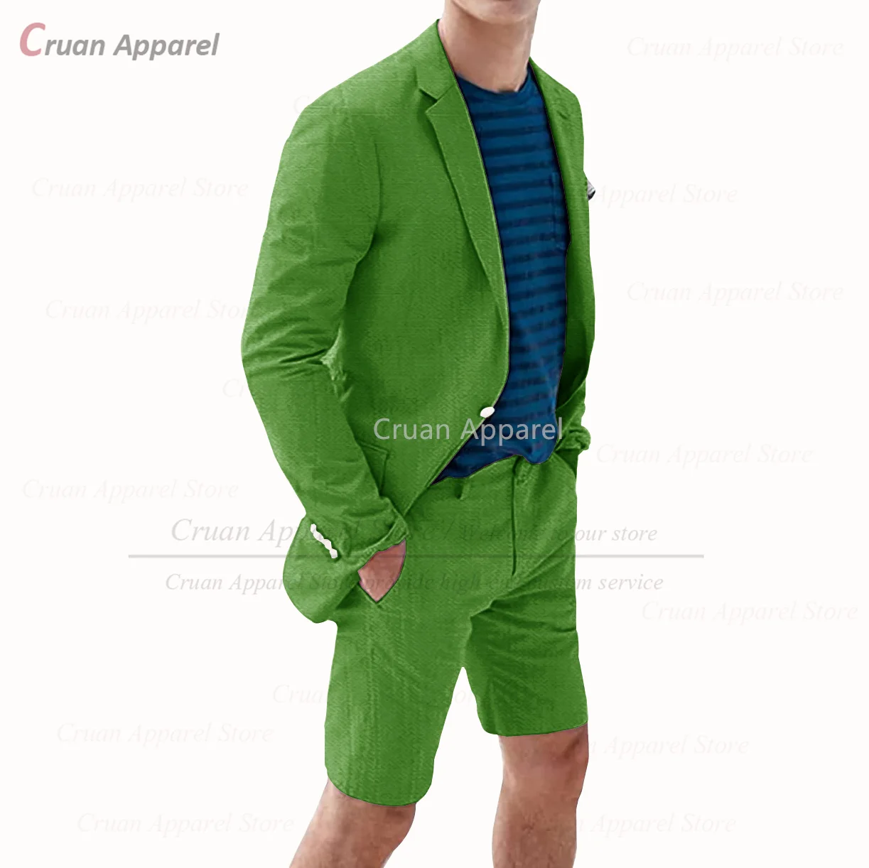 Army Green Linen Men Suit Slim Fit Casual Thin Suit Blazer Shorts Set