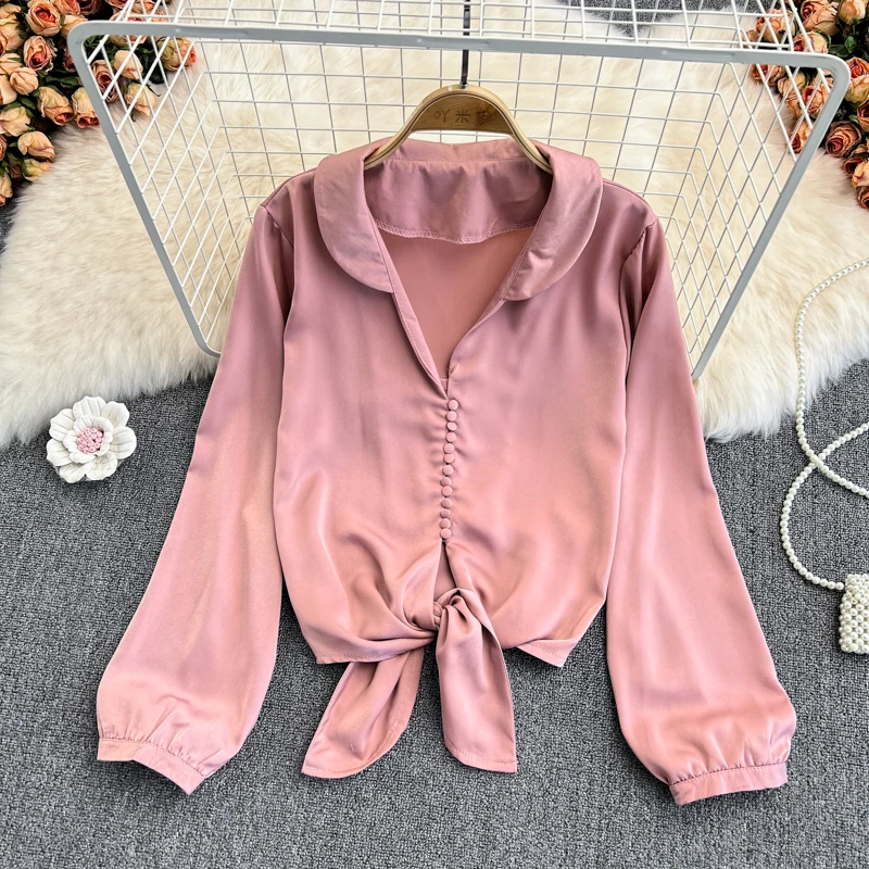 

Spring and autumn new French Vintage shirt women's white design sense of minority long sleeve shirt chic short top