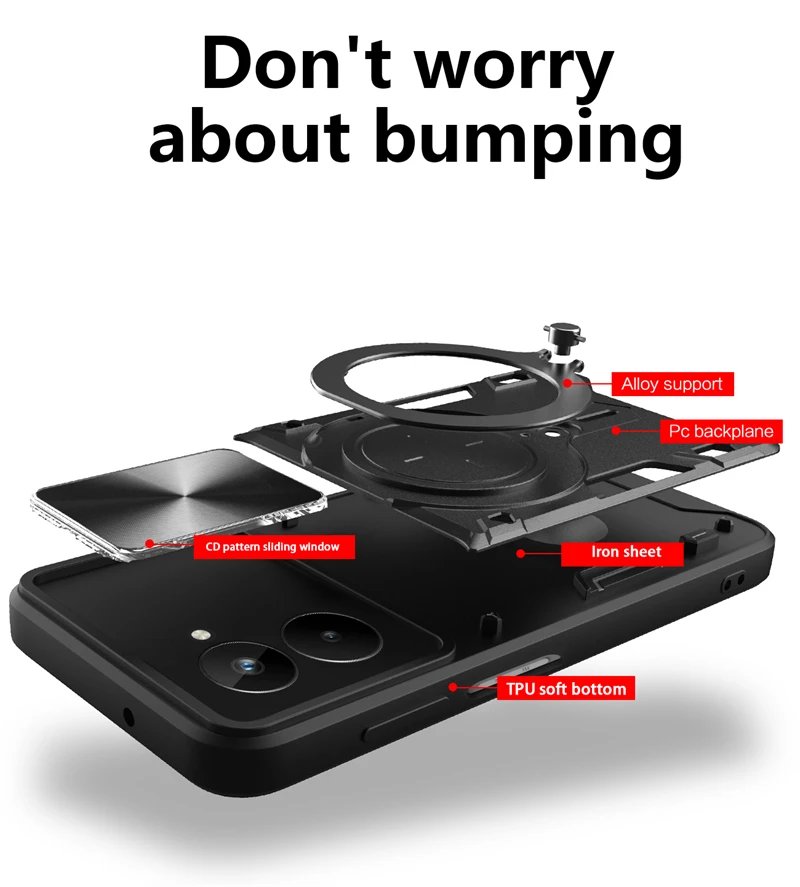 Enhanced Shockproof Armor Phone Cover with Ring Holder & Slide Camera Protection