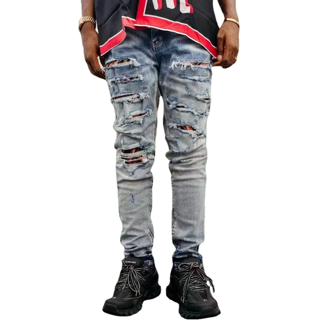 

New Men's Jeans With Hole Ripped Jeans Patch High Street AM Denim Pants Trousers Casual Slim Blue Jeans Men Women Button Jeans