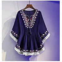 Femmes t-shirts d'été rétro Style Boho broderie Blouses cape haut ample coton dentelle ourlet manches chauve-souris Kimono chemises Blusa Feminina 5