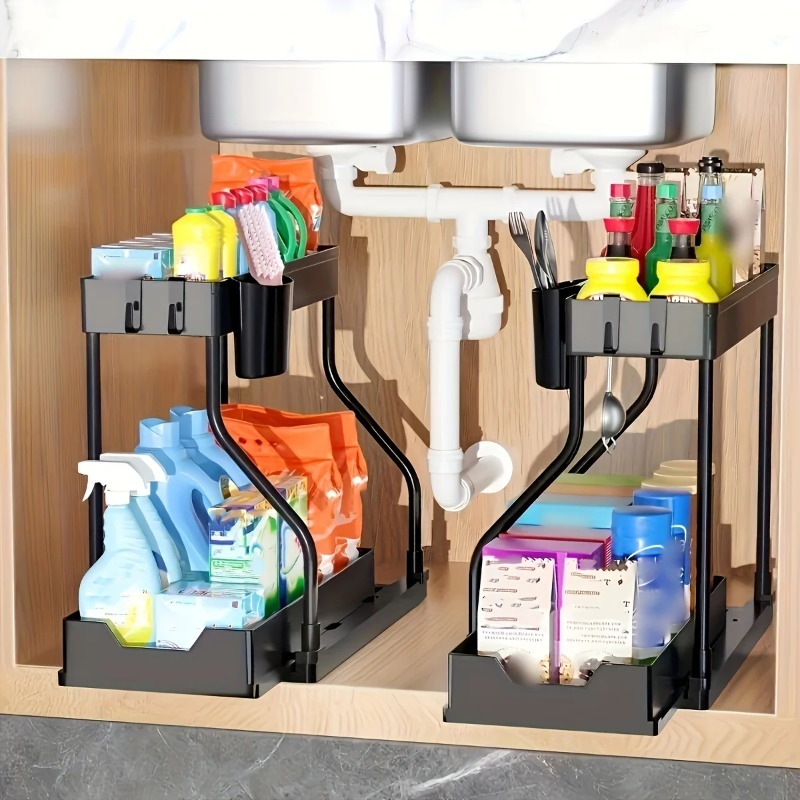 Kitchen lower sink rack Double pull-out countertop finishing rack Bathroom storage rack Kitchen storage rack