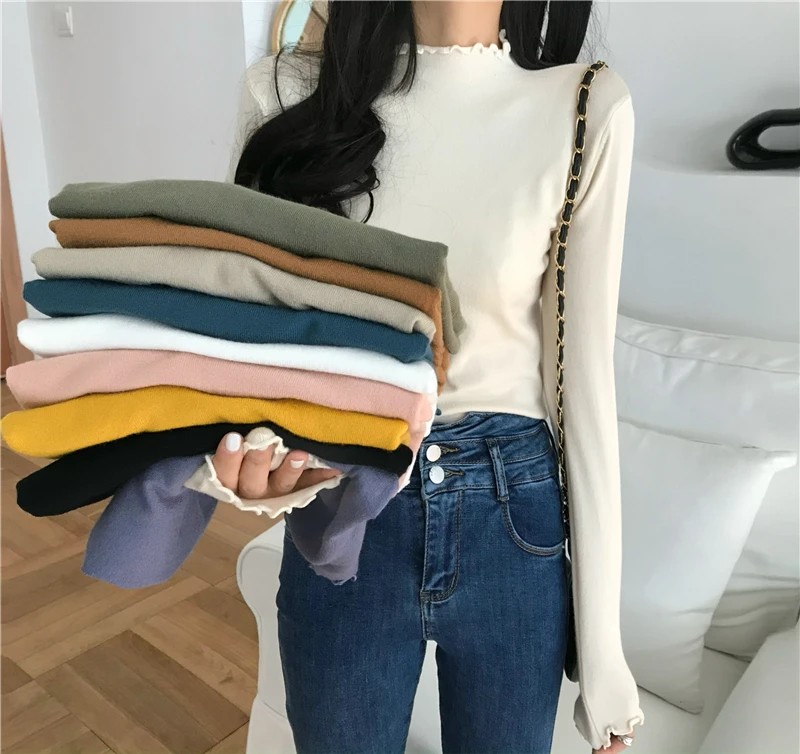 AOSSVIAO 2021 Fall Winter Ruffles Sweater Turtleneck Ruched Women Sweaters High Elastic Solid Female Slim Sexy Knitted Pullovers green cardigan