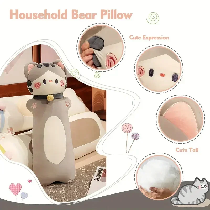 Long Strip Cat Plush Body Pillow Cute White Cat Stuffed Pillow Kawaii Kitten Sofa Bedroom Back Cushion Home Decor Creative Gifts