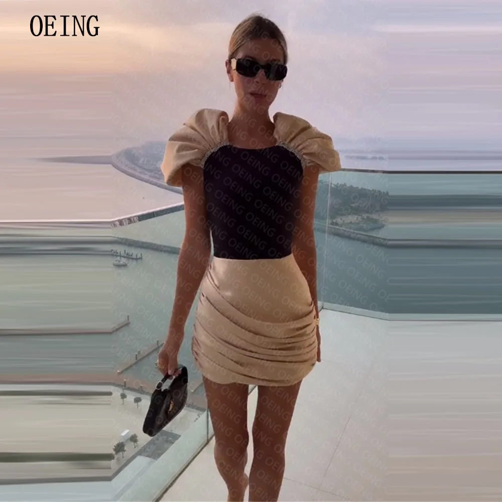 

OEING Black And Champagne Beadings Off The Shoulder Satin Above Knee Elegant Cocktail Prom Gown Beach Evening Party Dresses
