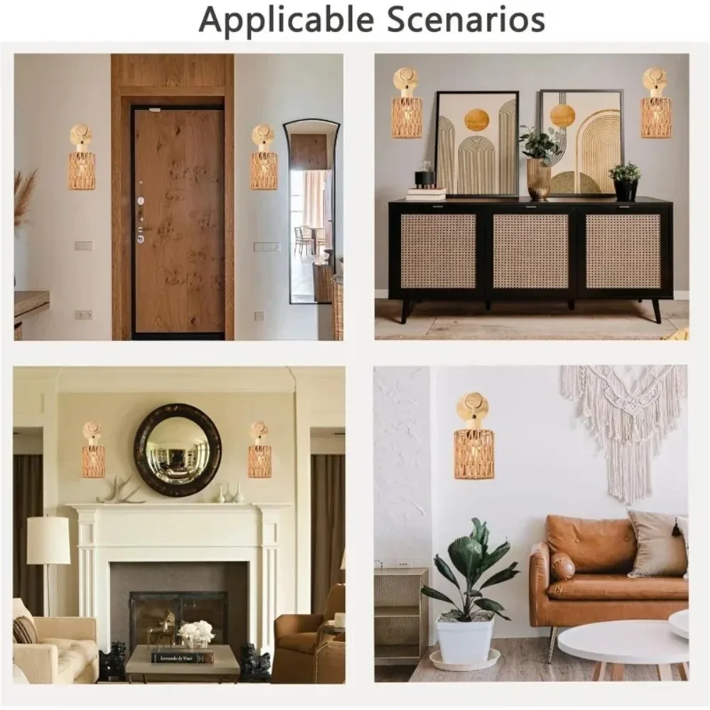 1/2/5Pcs Hemp Rope Design Bedhead Wall Lamp Cylindrical Shaped Wall Light Bedroom Farmhouse Countryside Decor Lighting Lampshade