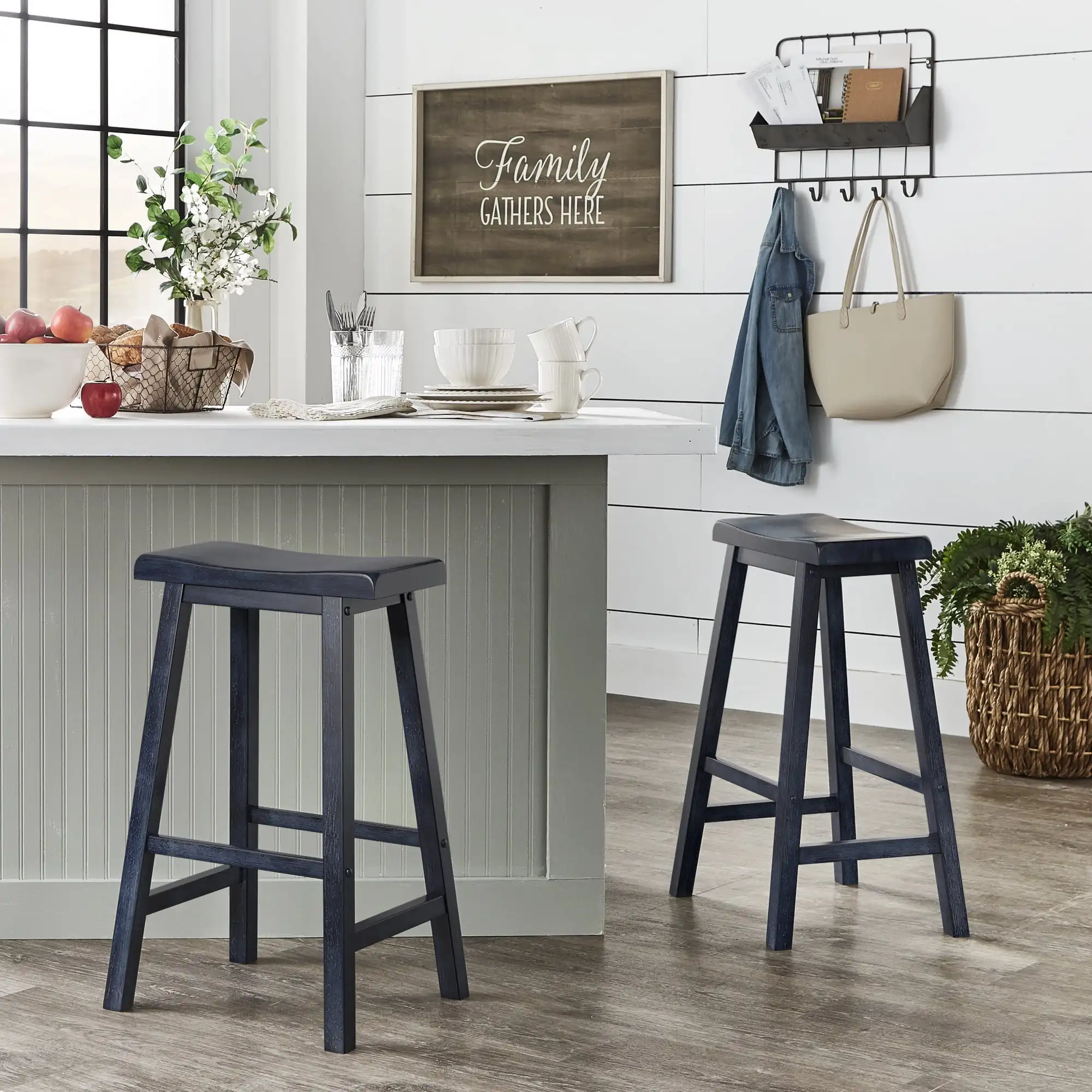

Bar Chairs Set of 2 Backless Saddle Seat Wood Counter Stools Denim Color