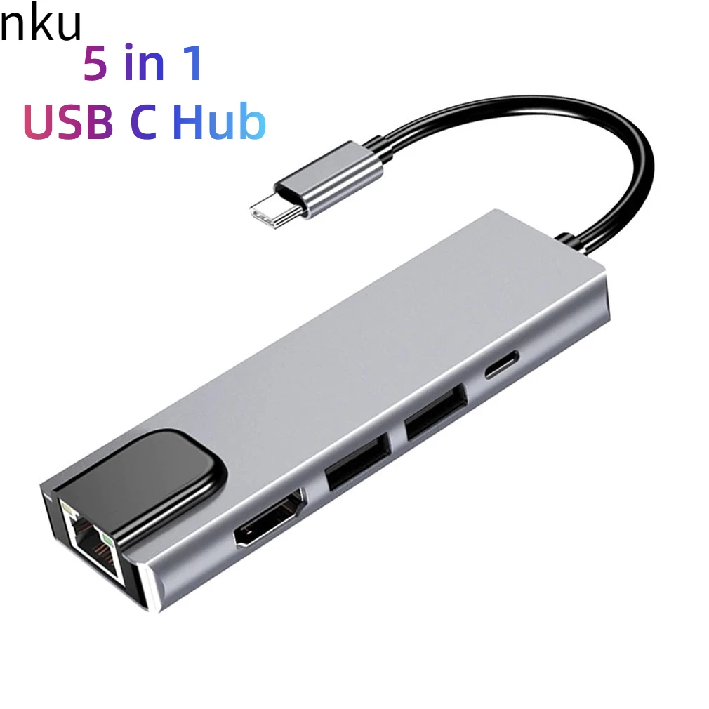 

Nku USB C Dock Type-C Thunderbolt 3 To 4K HDMI-Compatible USB 3.0 RJ45 Ethernet Lan PD Charging 5-Port Hub Splitter for Macbook