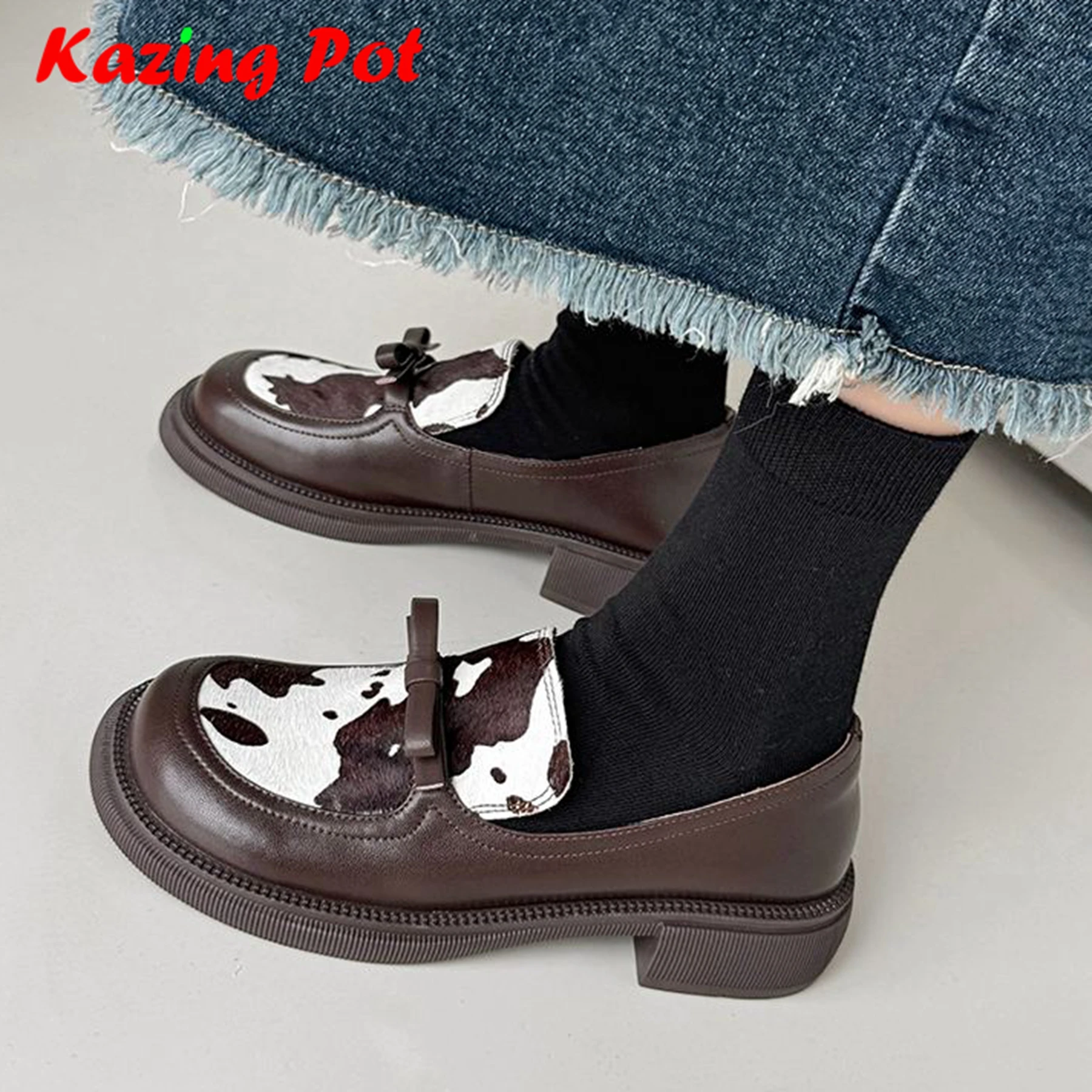

Женские туфли из коровьей кожи, на низком каблуке, с круглым носком