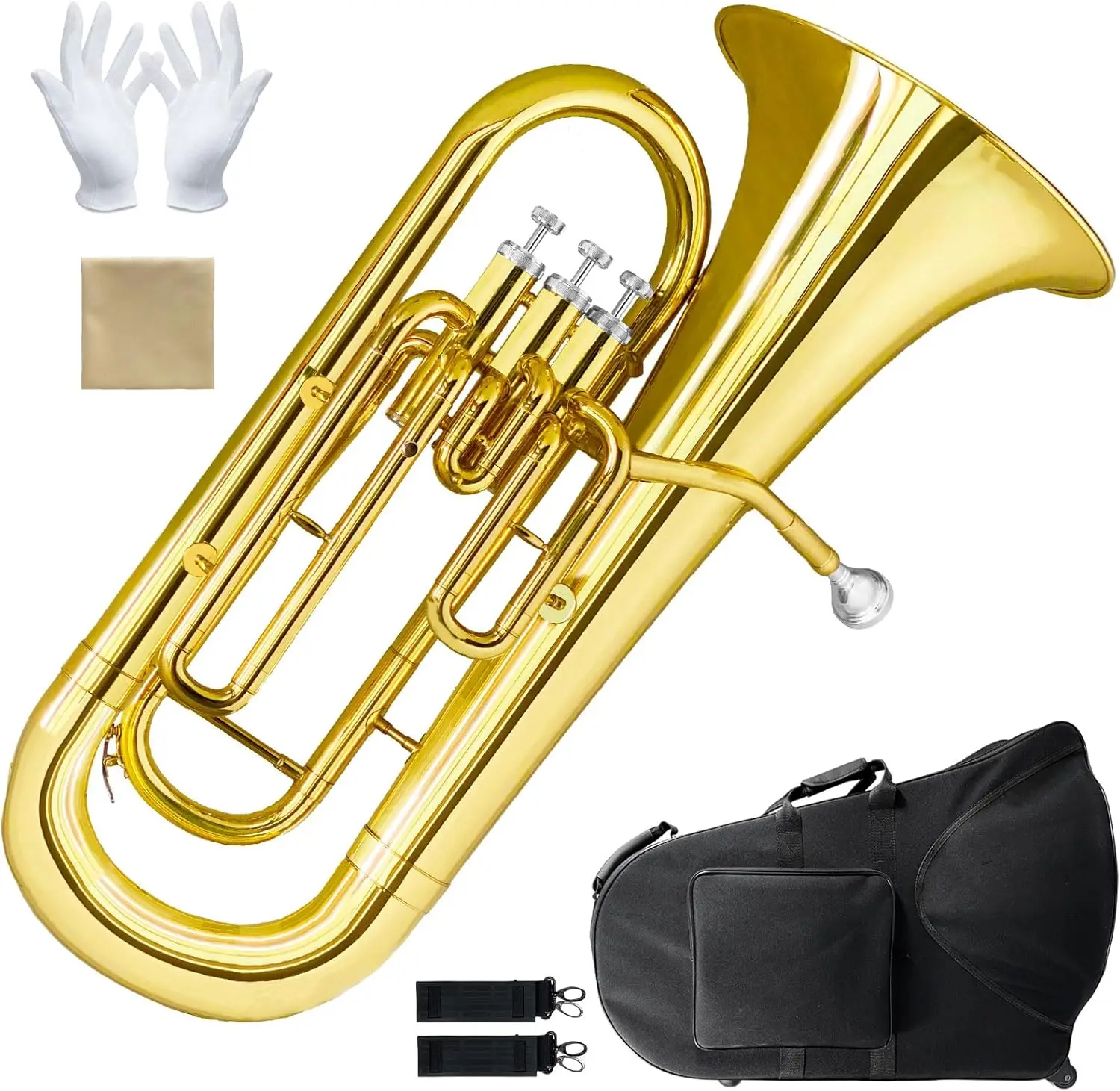 Euphonium Brass Instrument with Case, Mouthpiece, Cloth, and Gloves-Standard Brass Band Performance Model