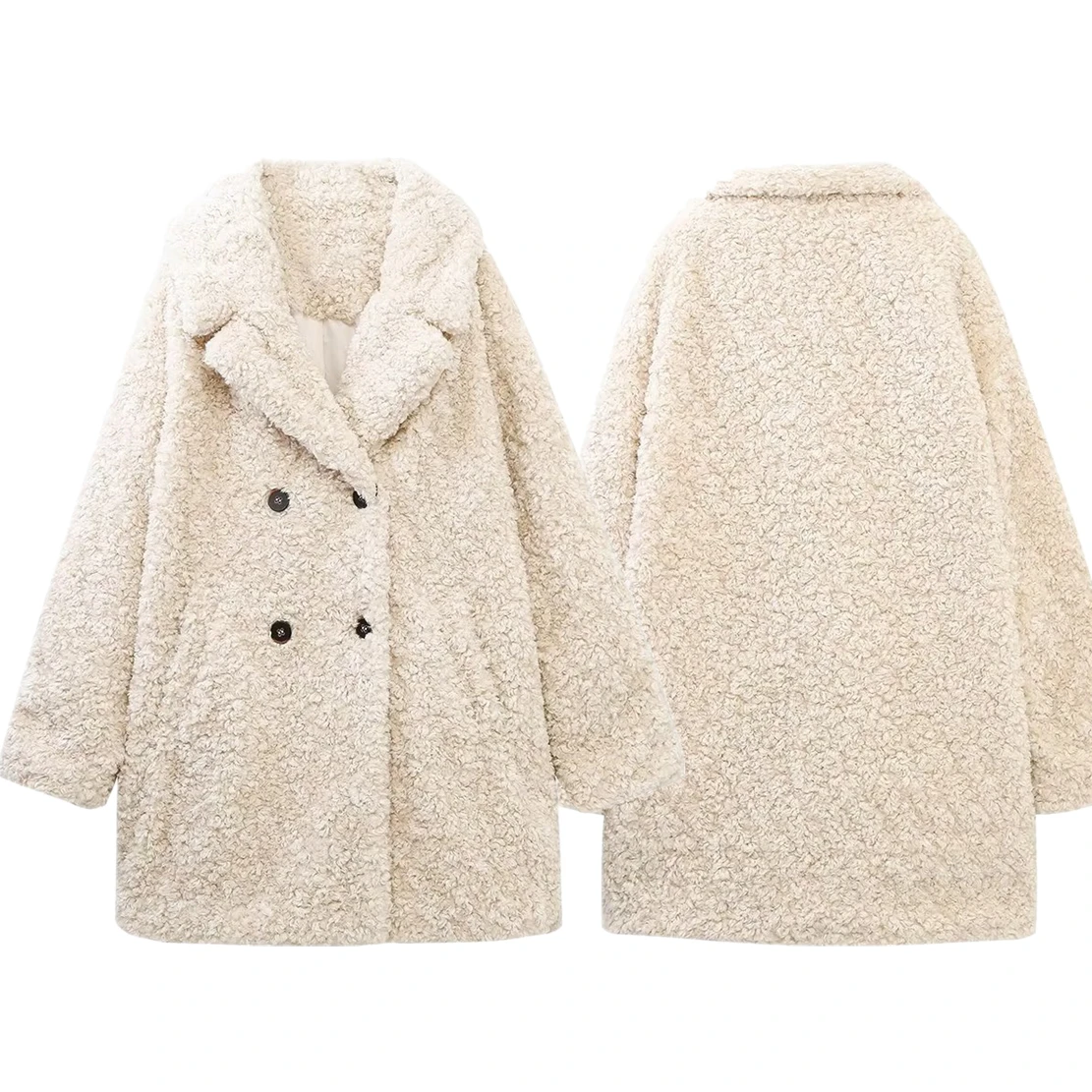Withered Faux Fur Texture Double-Breasted Coat British Fashion Women's Winter Beige Color Warm Retro Lamb Wool Jacket Women