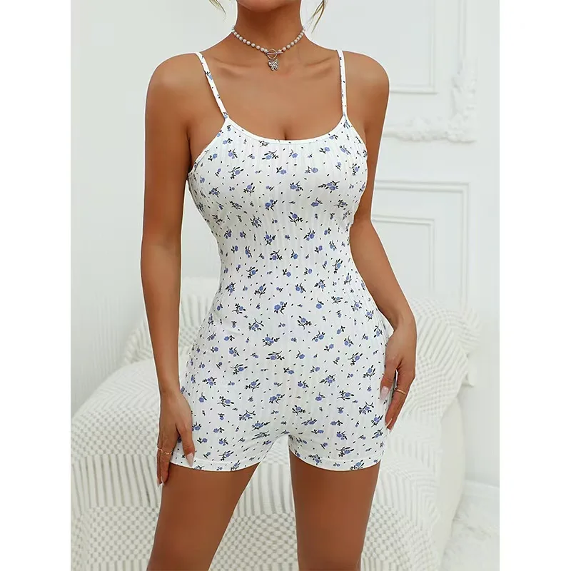 Womens Ditsy Floral Print Romper Spaghetti Strap Backless Tie Back Bodycon Jumpsuit Sexy Y2K Sleepwear Loungewear Pajamas New