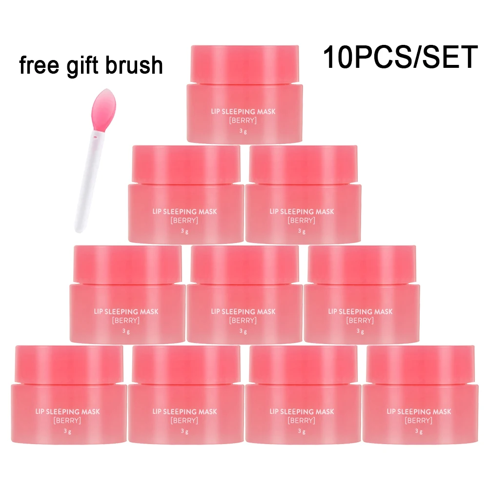 

10PCS Korea Lip Sleeping Mask 3G Night Sleeping Moisturizer Bleach Cream Lip Balm Strawberry Lip Care With Free Brush