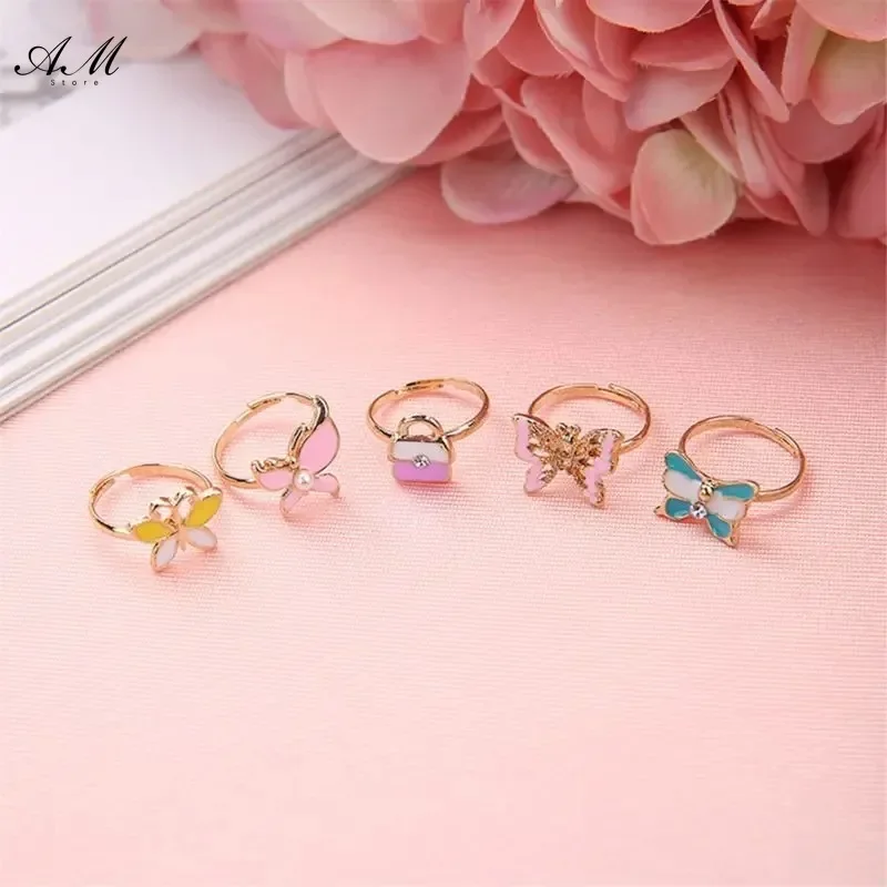 10 Pcs Adjustable Alloy Baby Girl Rings with Heart Shaped Box Cartoon Mix Finger Jewellery Rings Kid Girls Toys Random Color ring set finger ring adjustable rings