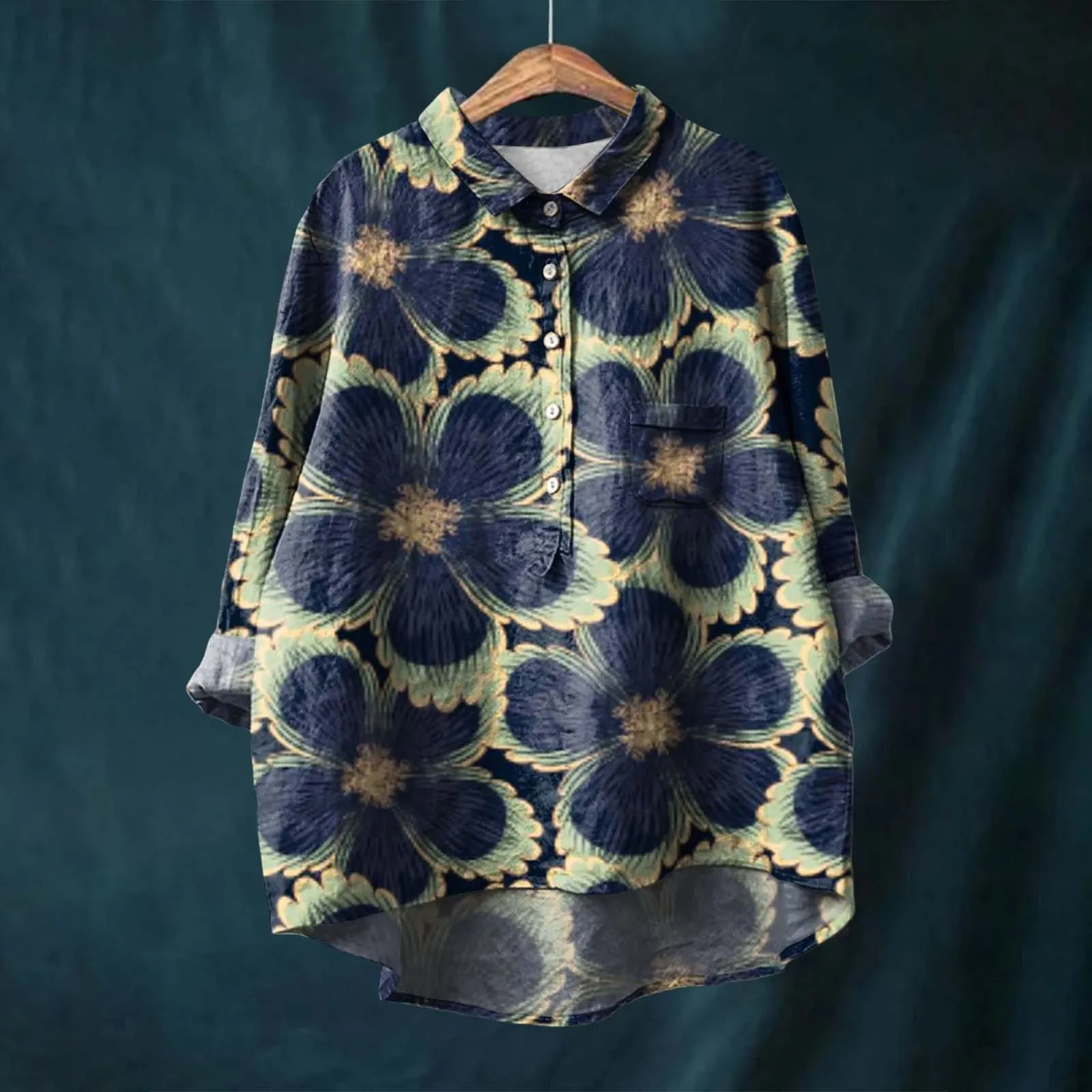 Women Shirt Flower Pattern Printed Lapel Neck Casual Cotton And Linen Long Sleeve Fall Exercise Clothes