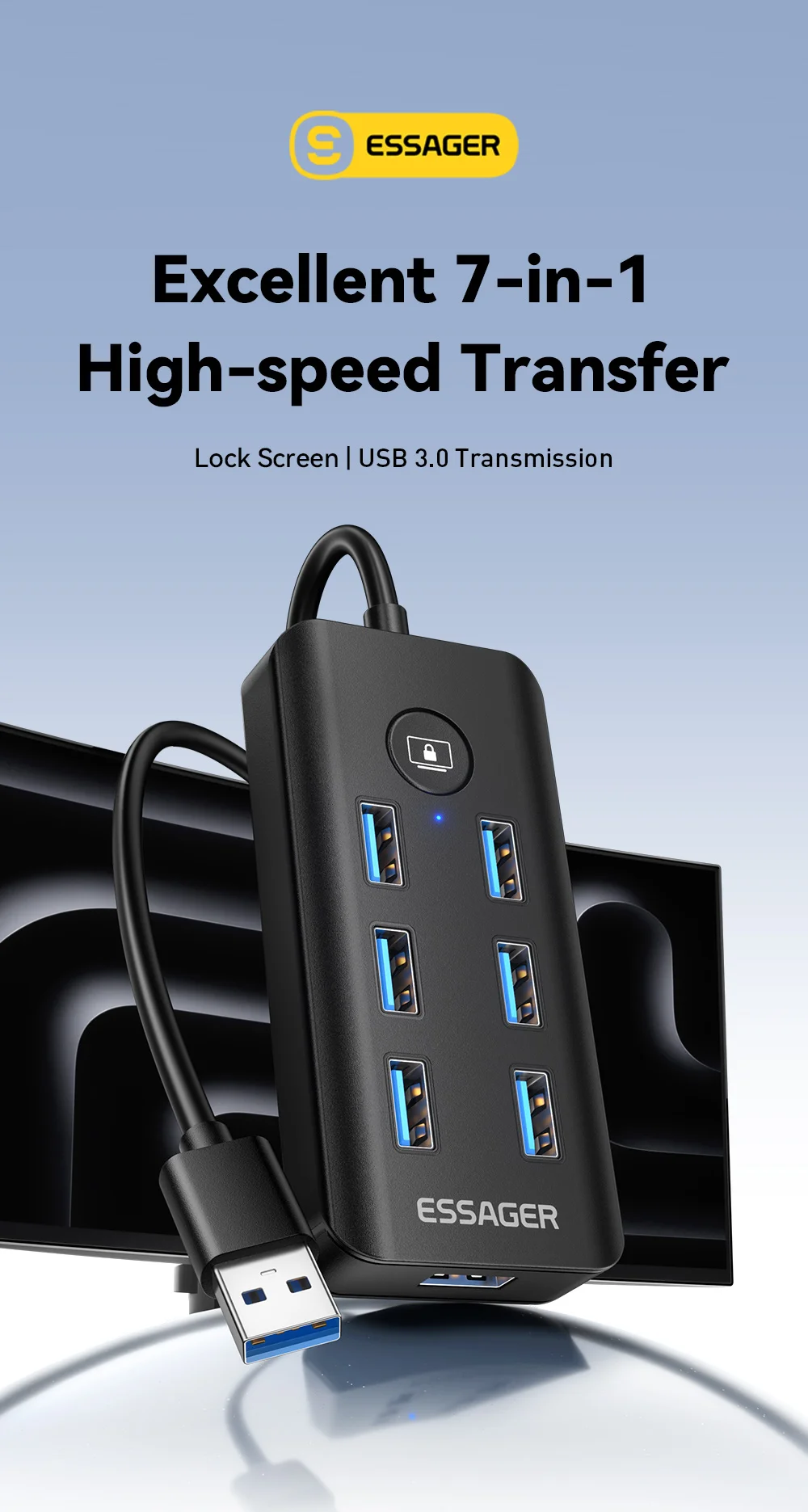 7-in-1 USB 3.0 Hub Multi USB Splitter Power Adapter 5Gbps High Speed USB Splitte