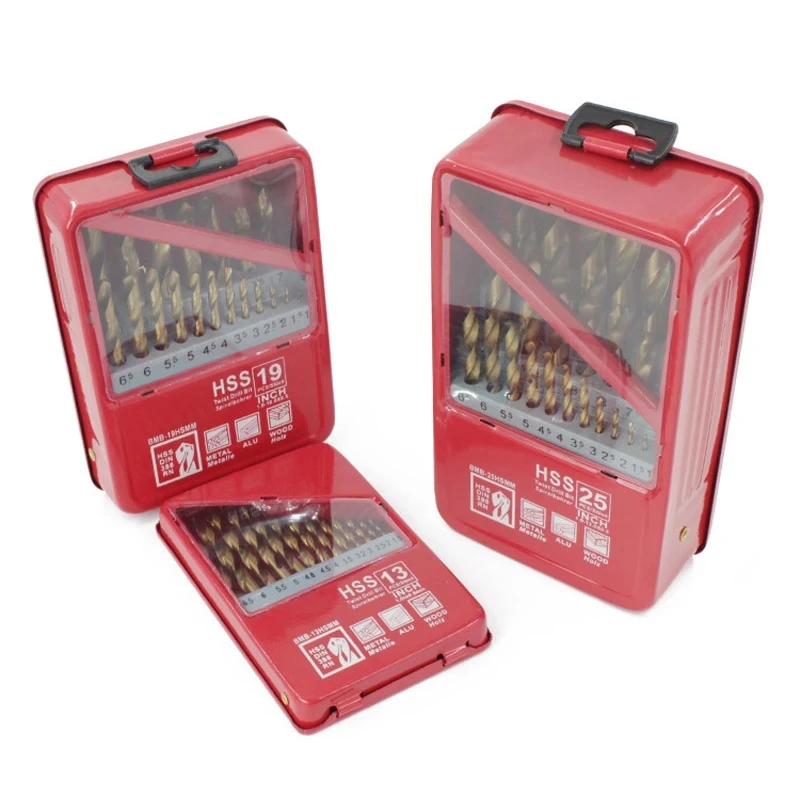 

13/19/25pcs 1.0-13mm Hss Ti Coated Drill Bit Set For Metal Woodworking Drilling Power Tools Accessories In Iron Box