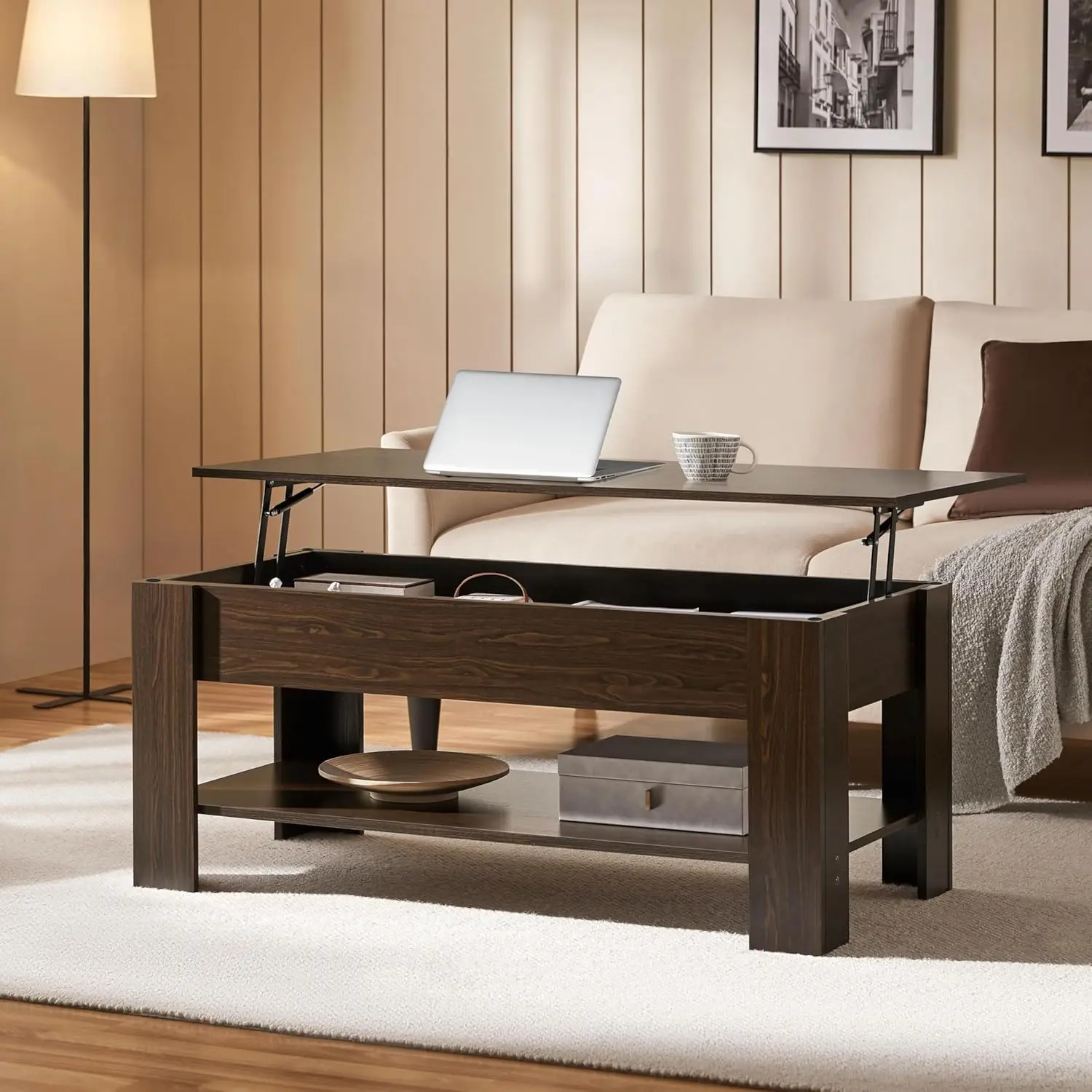 Lift Top Coffee Table with Hidden Compartment and Storage Shelf, Rising Tabletop Dining Table for Living Room Reception Room 3