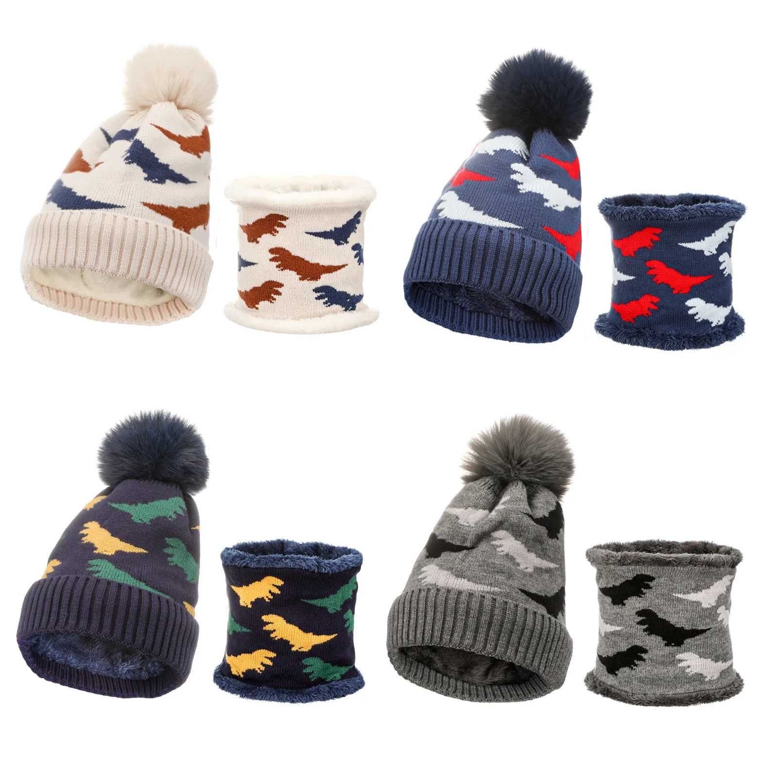 

Cartoon Dinosaur Winter Baby Hat for Boy Warm Plus Velvet Girl Hat Neck Scarf Collar Kids Bonnet Thicken Children Hat Scarf Sets