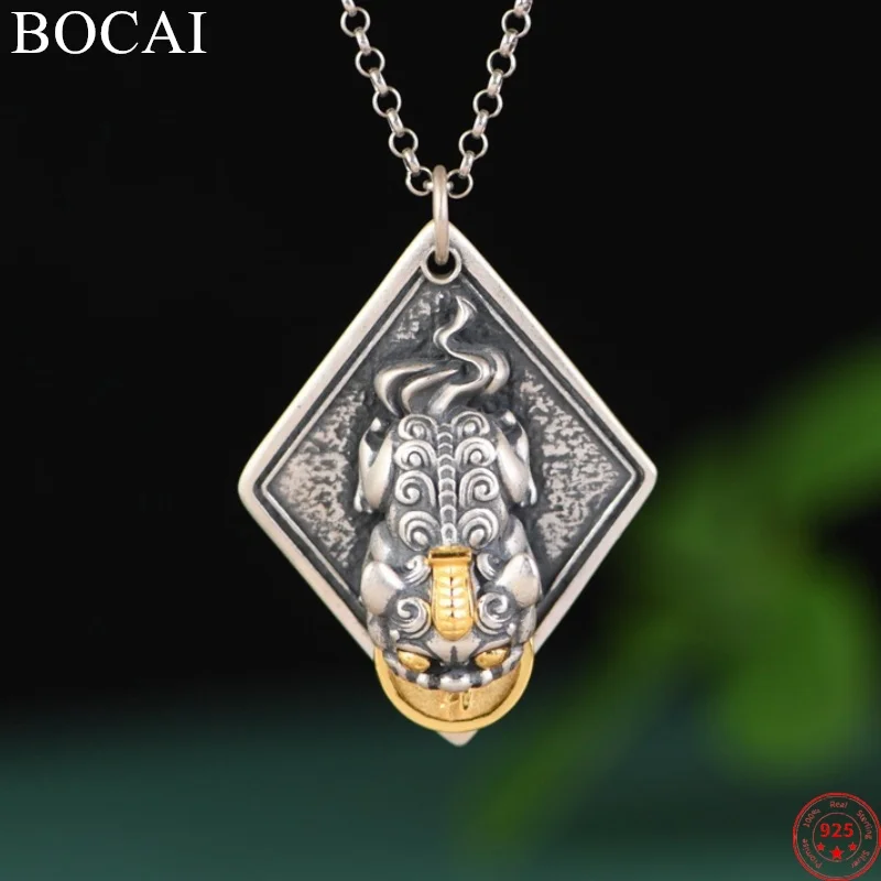 

BOCAI S925 Sterling Silver Pendants for Women Men New Fashion Hammer Pattern 3D Pixiu YiYeBaoFu Letter Jewelry Free Shipping