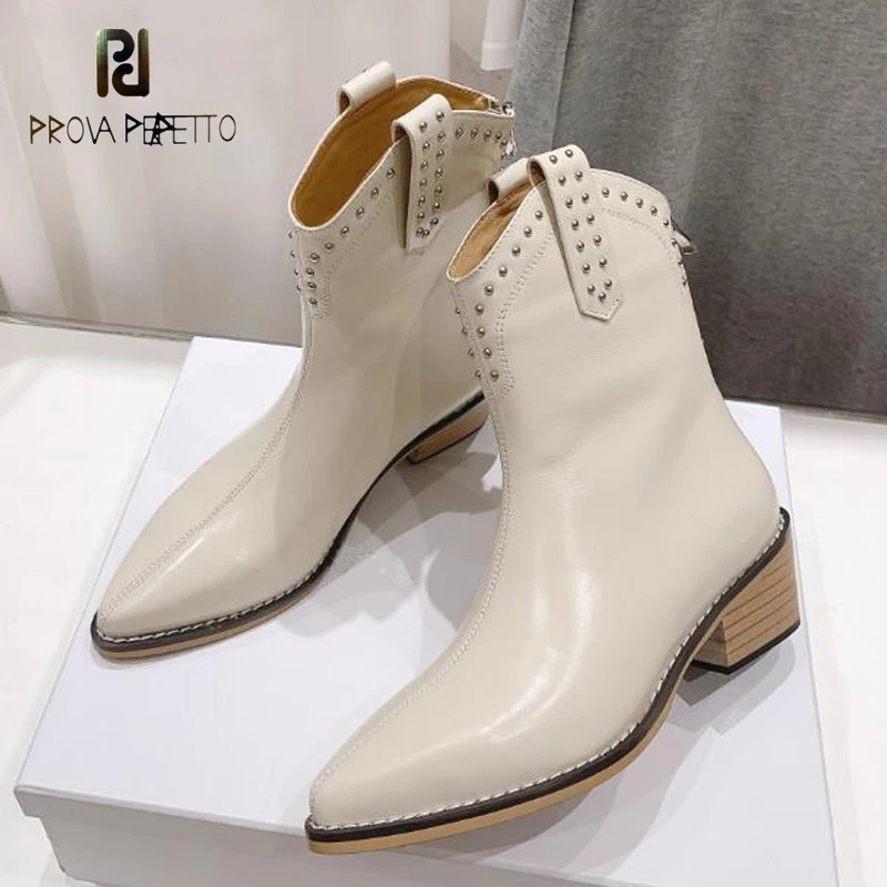 

Top Grade Women Chunky Heel Pointed Toe Knight Boots White Brown Back Zip Rivets Studded Short Ankle Bootie Cool Cowbody Bota