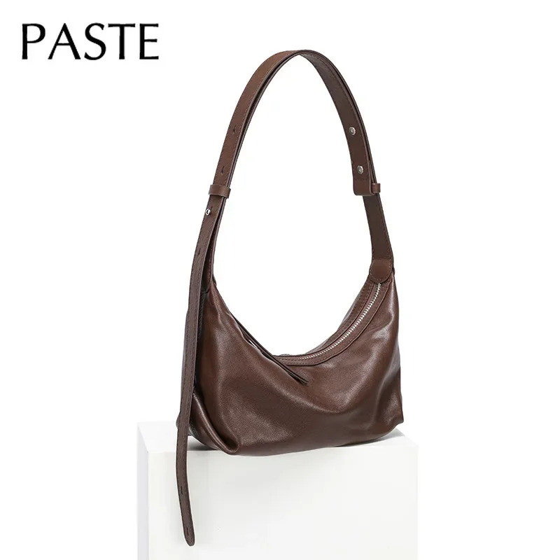 Meno è più stile minimalista color caffè Hobo Tote Borsa a tracolla da donna in pelle di mucca conciata al vegetale Borsa con manico regolabile