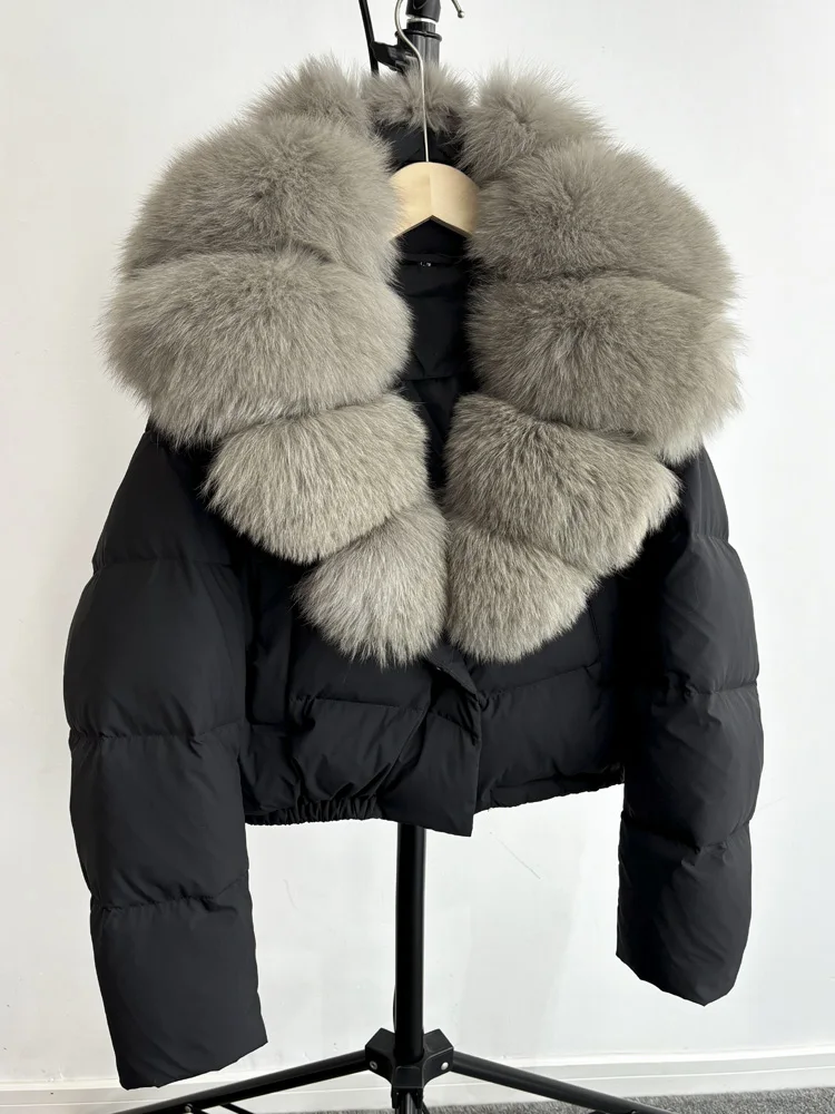 Janveny Big Natural Fox Fur Coat Women 2024 Autumn Winter Female Parkas 90% White Duck Down Jacket Feather Short Puffer Coat 4