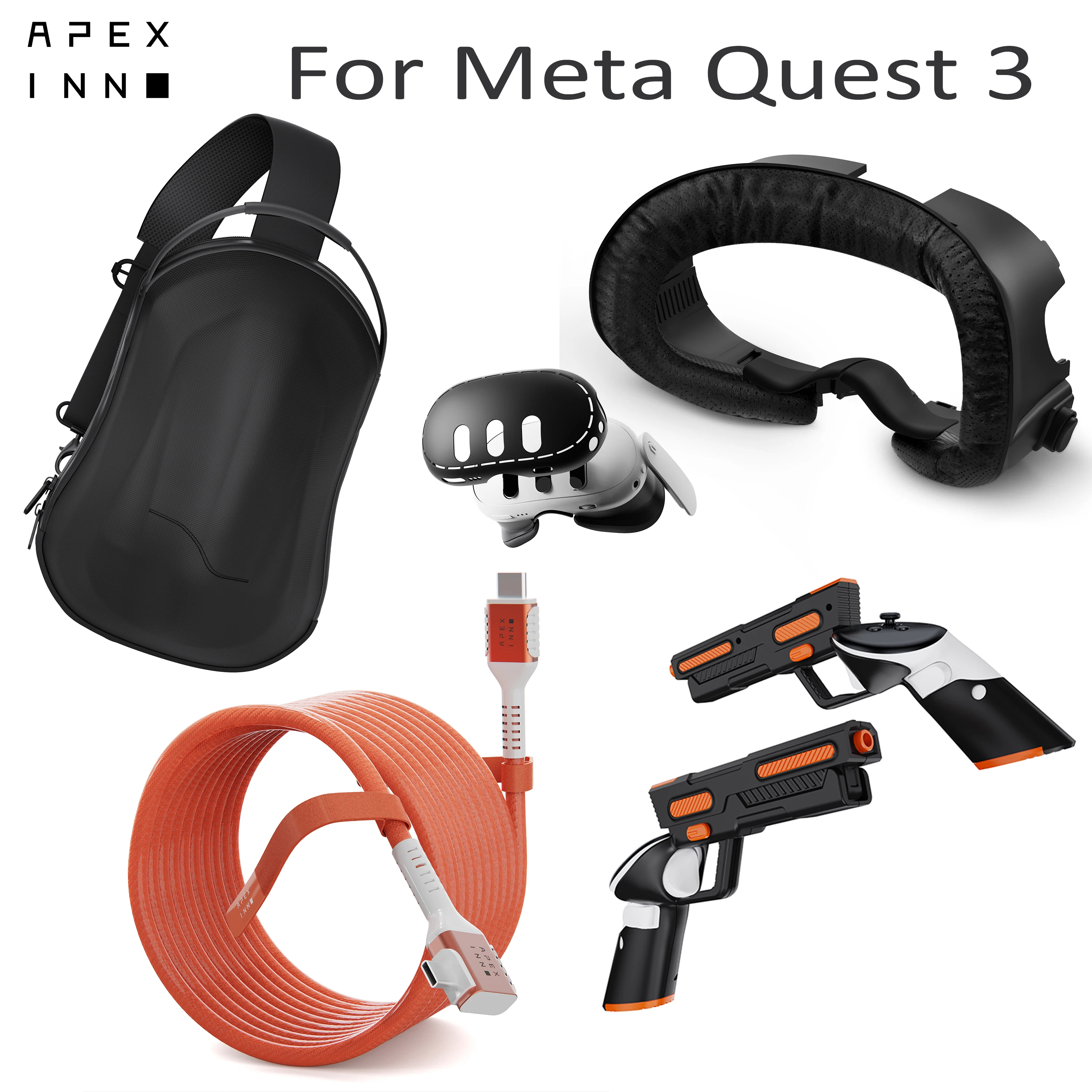 

APEXINNO for Meta Quest 3 Large Capacity Storage Bag 20FT Link Cable Gun Stock Cover Facial Interface for Quest 3 VR Accessories